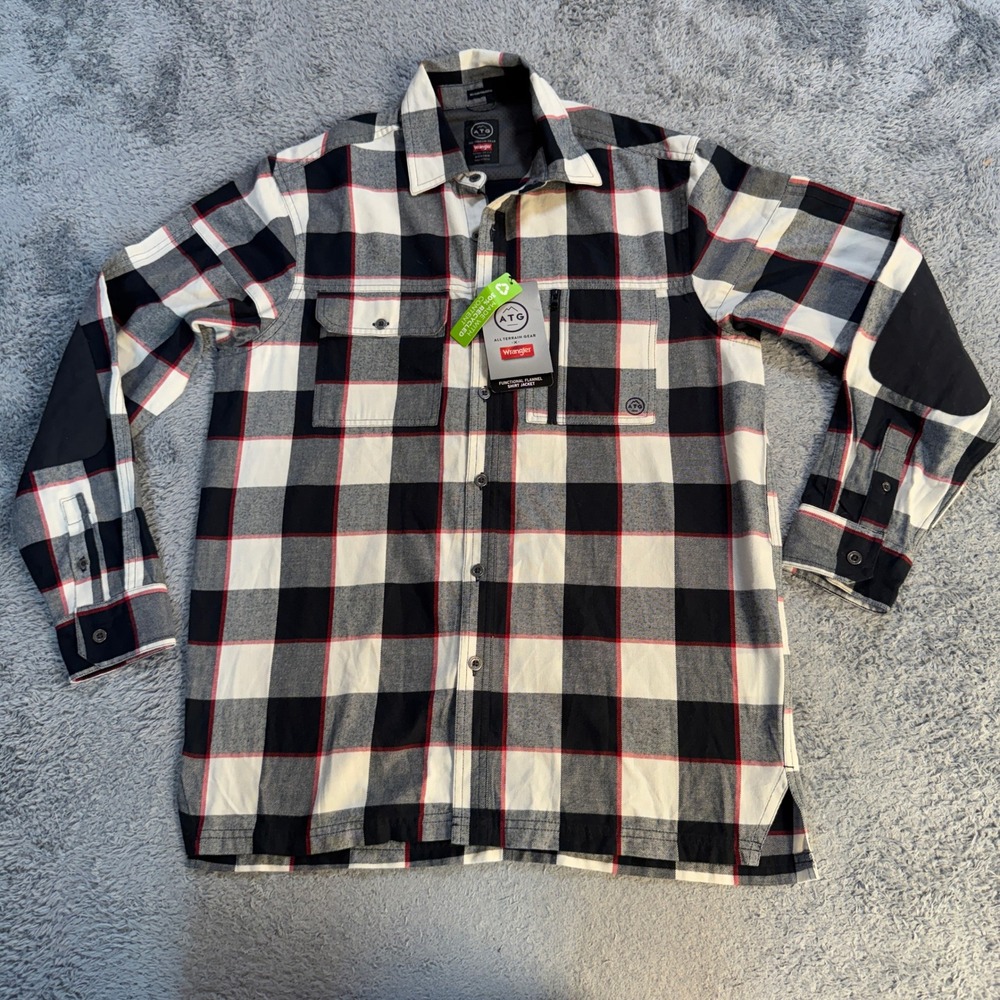 Wrangler Mens ATG Functional Flannel Shirt Jacket Medium Black White Plaid Elbow